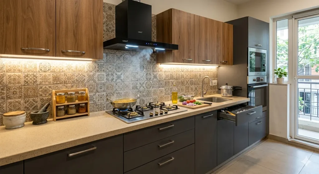 Interior Designer in Nandanvan Nagpur 4 Durable Nandanvan modular kitchen with quartz countertops and a high suction chimney for Indian cooking