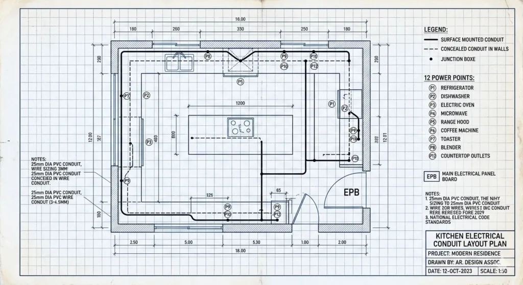 Home Renovation Checklist for Nagpur 3 Electrical conduit layout plan for a modern kitchen with 10 power points for appliances