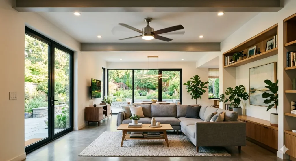 Energy efficient LED lighting and strategic ceiling fan placement in a modern Nagpur living room