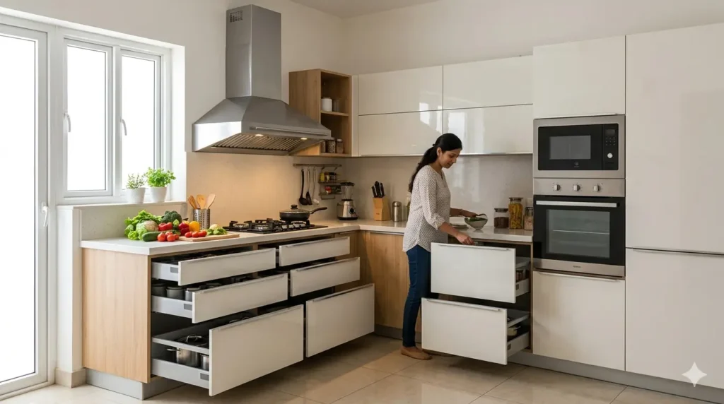 Interior Design for Flats in Beltarodi Nagpur 2 Ergonomic modular kitchen layout with tandem box drawers and 1200 CFM chimney in a Beltarodi home