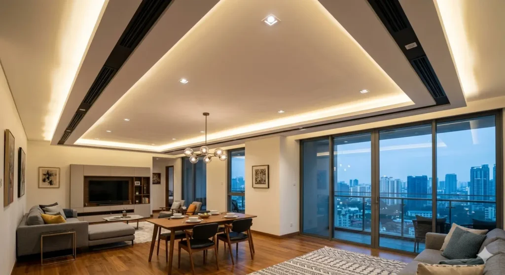Interior Designer in Trimurti Nagar Nagpur 1 False ceiling design for a apartment featuring perimeter cove LED lighting and integrated AC vents