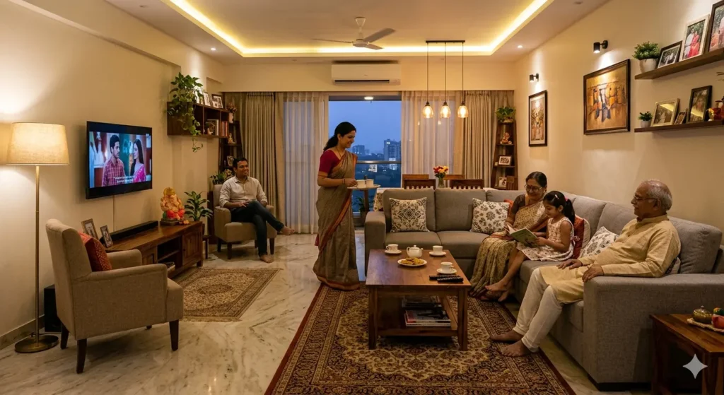 Family centric living room in Nagpur with layered lighting for evening warmth and functional furniture scaling