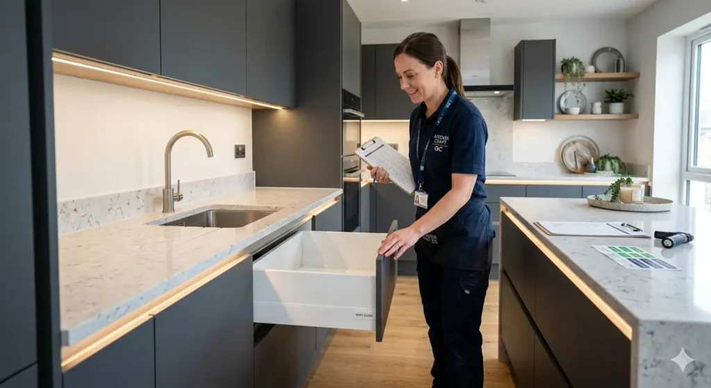 Home Renovation Checklist for Nagpur 4 Final quality check of a modular kitchen with soft close drawers and quartz countertop finishes