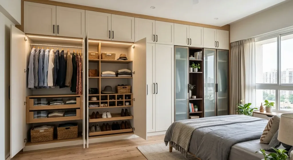 Township Flat Interior Design in Jamtha Nagpur 2 Floor to ceiling custom bedroom wardrobe with internal organizers in a 700 sq ft township flat
