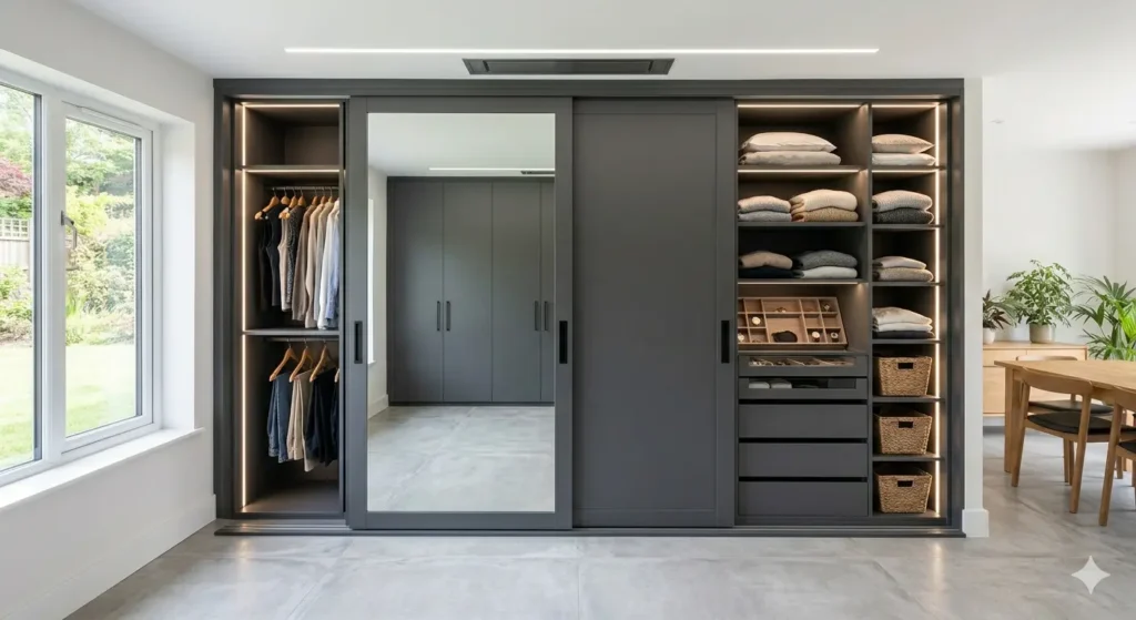 3BHK Flat Renovation Wardha Road Nagpur 3 Floor to ceiling custom master bedroom wardrobe with a sliding mirror door and internal organizers designed for maximum storage in a typical Nagpur 3BHK apartment