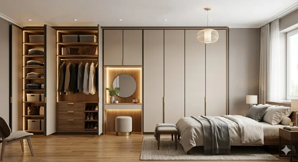 Interior Design for New Flats Near MIHAN 3 Floor to ceiling sleek wardrobe design in a master bedroom to maximize storage space in a 2BHK flat near Wardha Road Nagpur