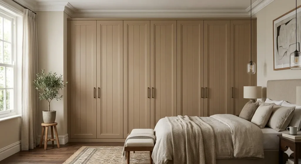 Home Interior Design Pratap Nagar Nagpur 4 Floor to ceiling wardrobe with profile routed MDF shutters in a warm lacquer finish for a master bedroom. 2