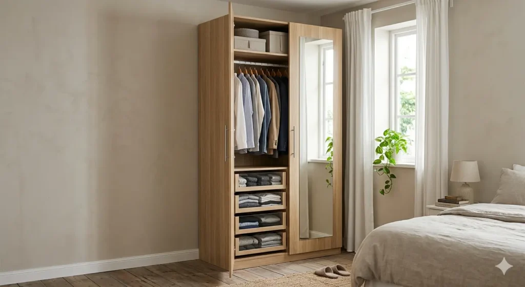 Affordable Home Interiors in Narsala Nagpur 3 Full height 2 door laminate wardrobe with internal drawers and mirror for a compact Narsala bedroom