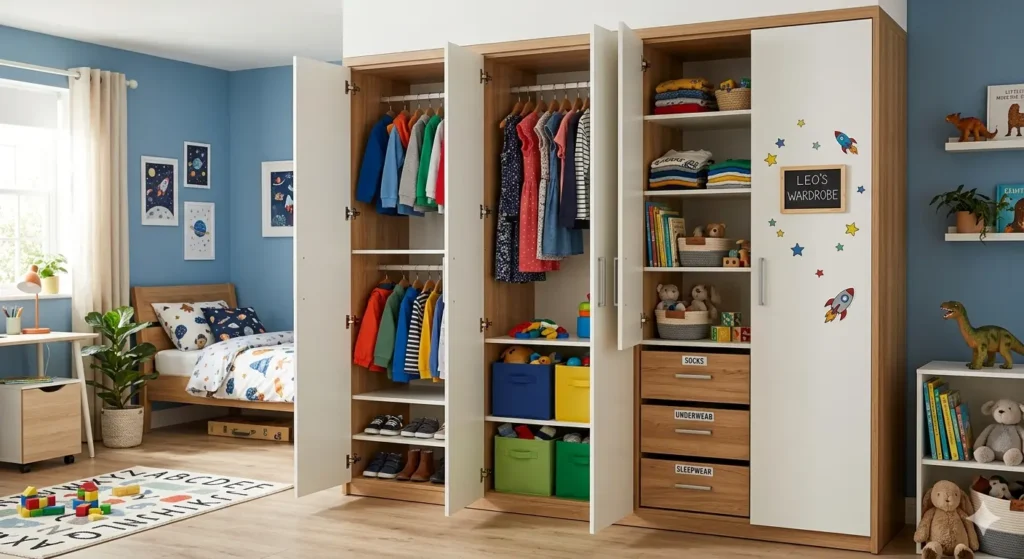Full height 3 door laminate wardrobe with internal organizers for a childs bedroom