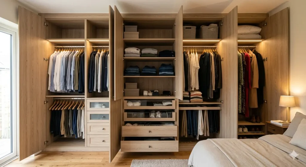 Interiors for Flats in Narendra Nagar Nagpur 4 Full height customized master bedroom wardrobe with internal organizers and soft close laminate shutters