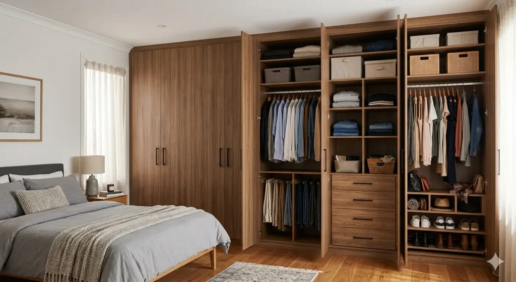2BHK Interior Cost in Besa Nagpur 3 Full height floor to ceiling bedroom wardrobe with laminate finish and internal organizers
