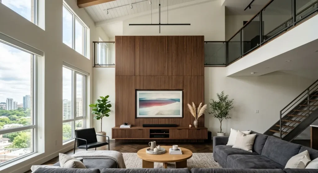 Interior Design for Duplex Houses in Nagpur 3 Full height fluted wood veneer TV unit designed for a high ceiling duplex living room