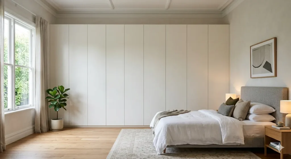 Full height seamless wardrobe design in a Mankapur bedroom to maximize storage and visual height
