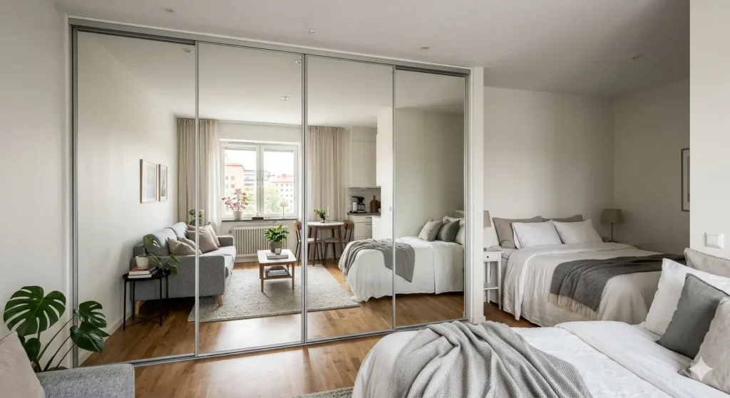 Interior Design for Studio Apartments in Nagpur 3 Full height sliding door wardrobe with a mirror finish to increase the perceived depth of a studio apartment