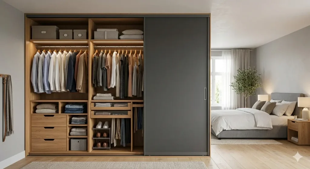 3BHK Interior Design Cost in Jamtha Nagpur 2 Full height sliding wardrobe with internal organizers and soft close hardware in a modern bedroom