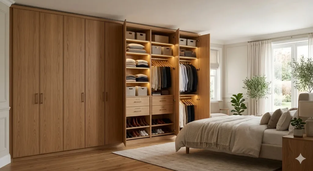 Best Interior Designer in Ghogli Nagpur 3 Full height wall to wall wardrobe in a Nagpur bedroom with custom internal organization and wood veneer shutters