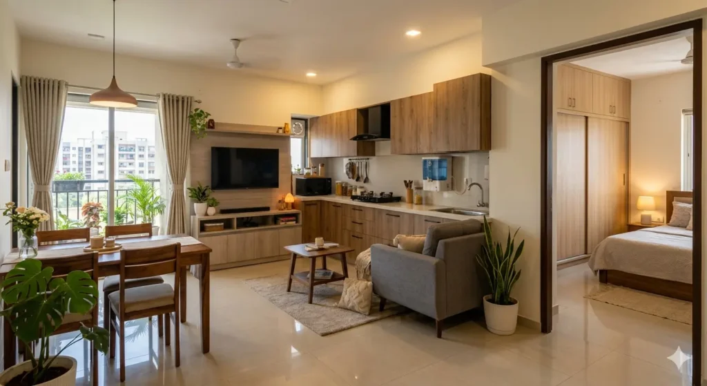 Functional 2BHK interior design with laminate modular kitchen and wardrobes