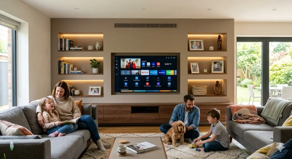Interior Designer in Nandanvan Nagpur 3 Functional family living room in Nagpur with integrated AC vents and a TV wall featuring recessed storage niches