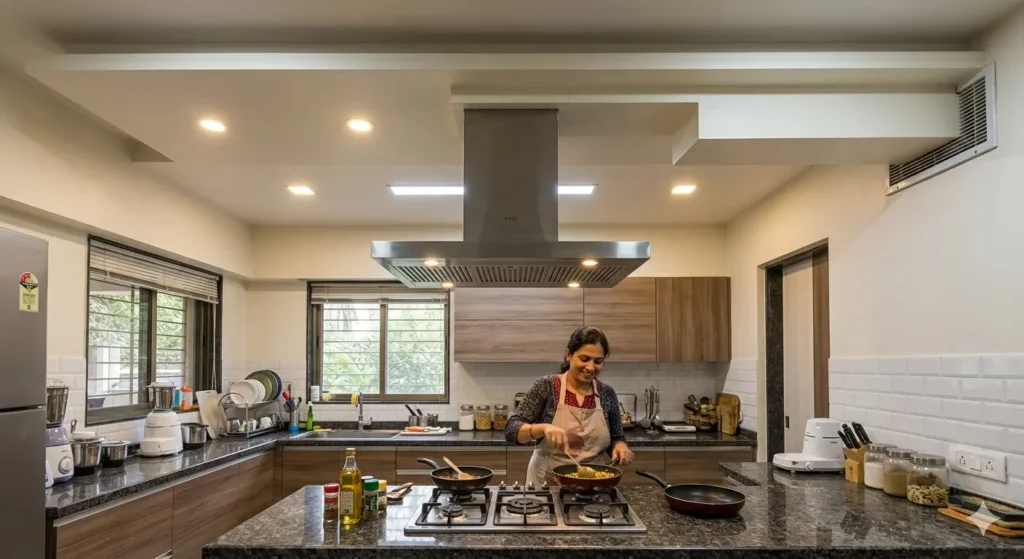 False Ceiling Ideas for Hot Climate in Nagpur 4 Functional kitchen false ceiling with integrated chimney ducting and task lighting
