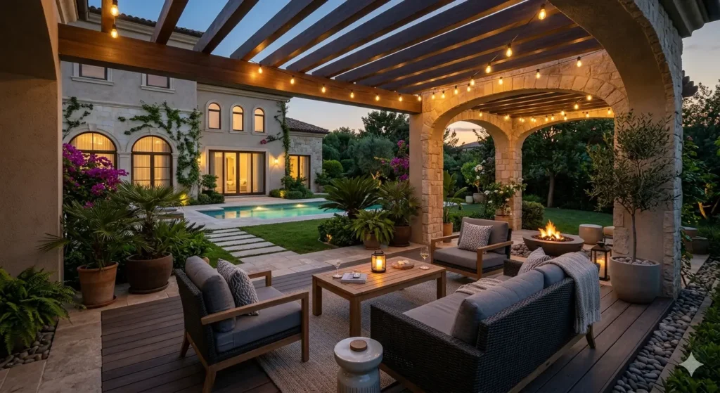 Best Interior Designer in Pipla Nagpur 4 Functional outdoor sit out in a Pipla villa with weather resistant flooring and ambient evening lighting