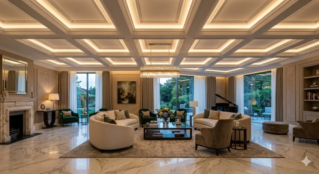 Luxury Home Interiors in Shankarpur Nagpur 2 Grand living room with a gypsum coffered ceiling warm LED cove lighting and large format Italian marble flooring