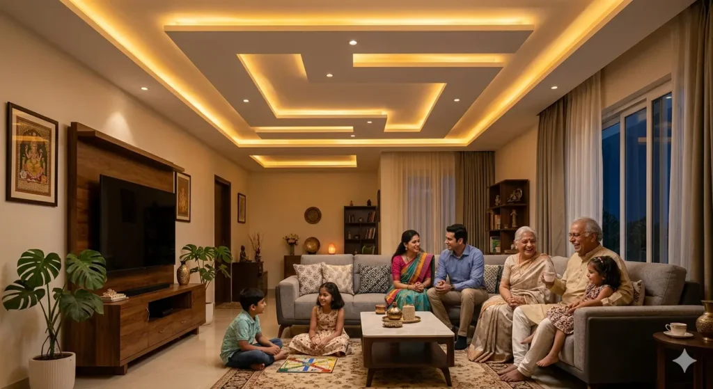 Interior Design for New Homes in Jamtha Nagpur 4 Gypsum false ceiling with warm LED cove lighting in a new Jamtha drawing room