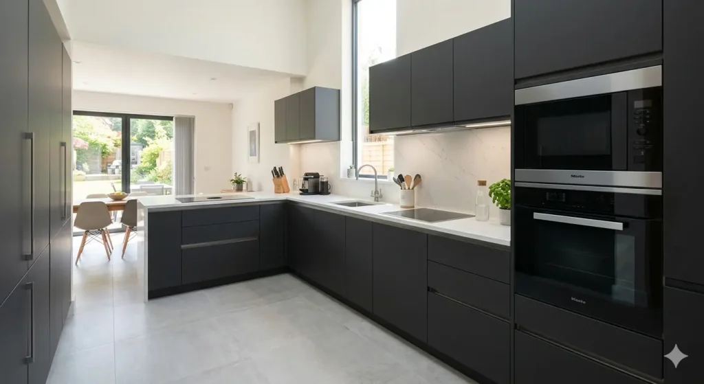 Best Interior Designer in Sonegaon Nagpur 2 Handleless modular kitchen in Sonegaon with quartz countertops and integrated microwave oven units