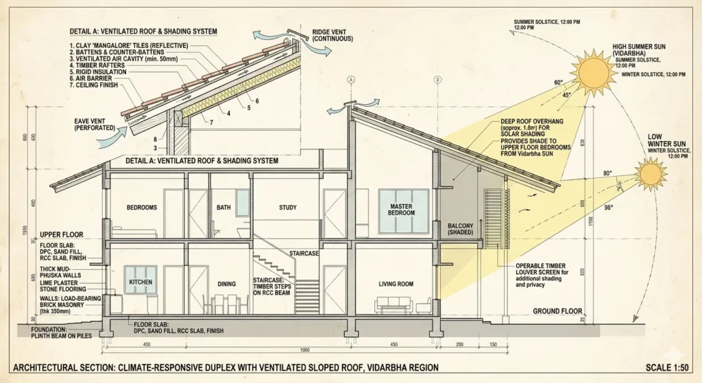 Heat insulated sloped roof design for upper floors in Darwha
