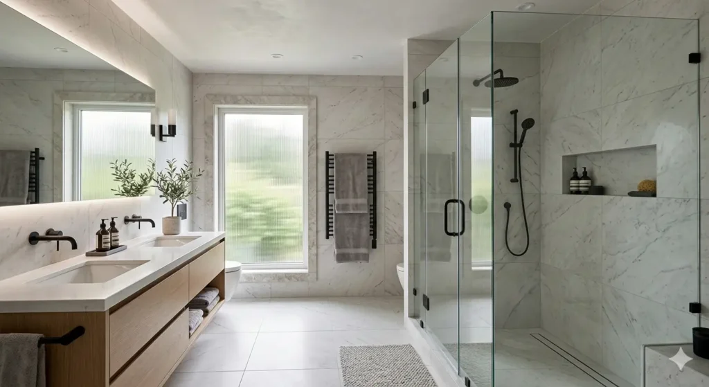 High end bathroom renovation in Khapri using large format stone tiles and a frameless glass shower enclosure