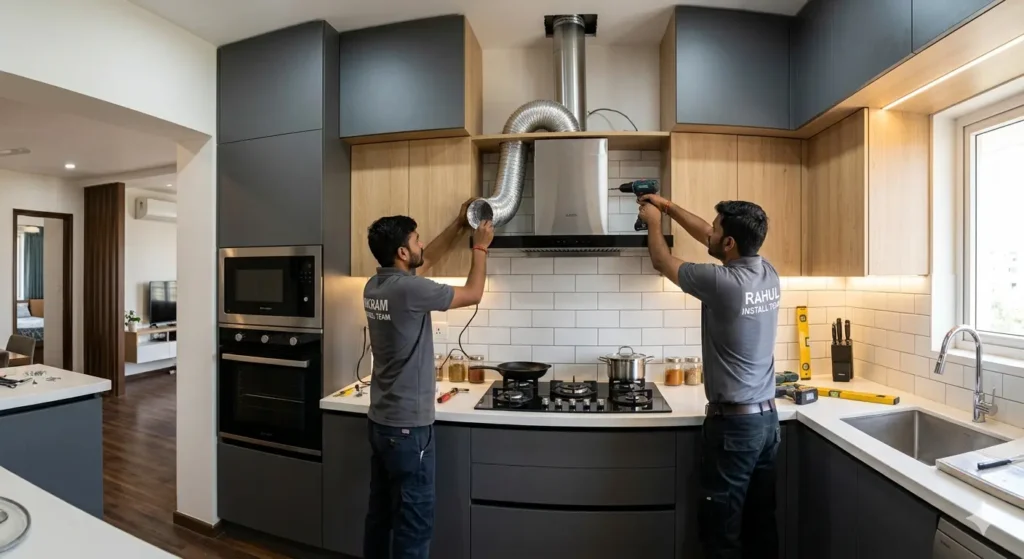 2BHK Interior Cost in Besa Nagpur 1 High suction 1200 CFM chimney installation in a modern Besa 2BHK modular kitchen