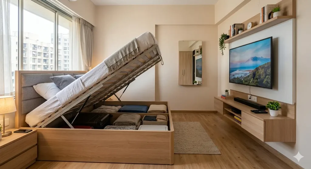 Township Flat Interior Design in Jamtha Nagpur 3 Hydraulic storage bed and wall mounted TV unit designed for compact 2BHK interiors in Nagpur