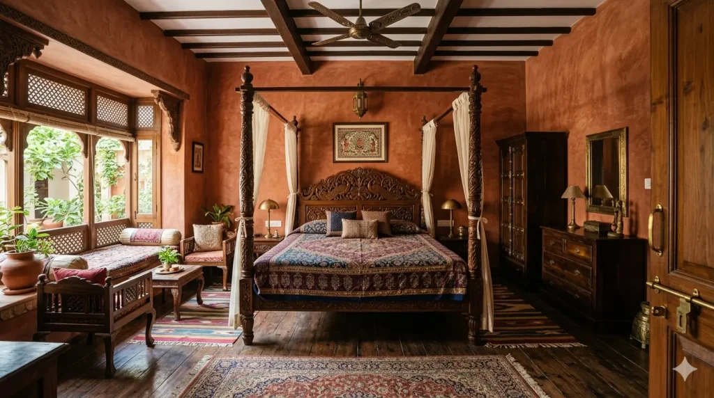 Indian style master bedroom with carved wood and terracotta finishes