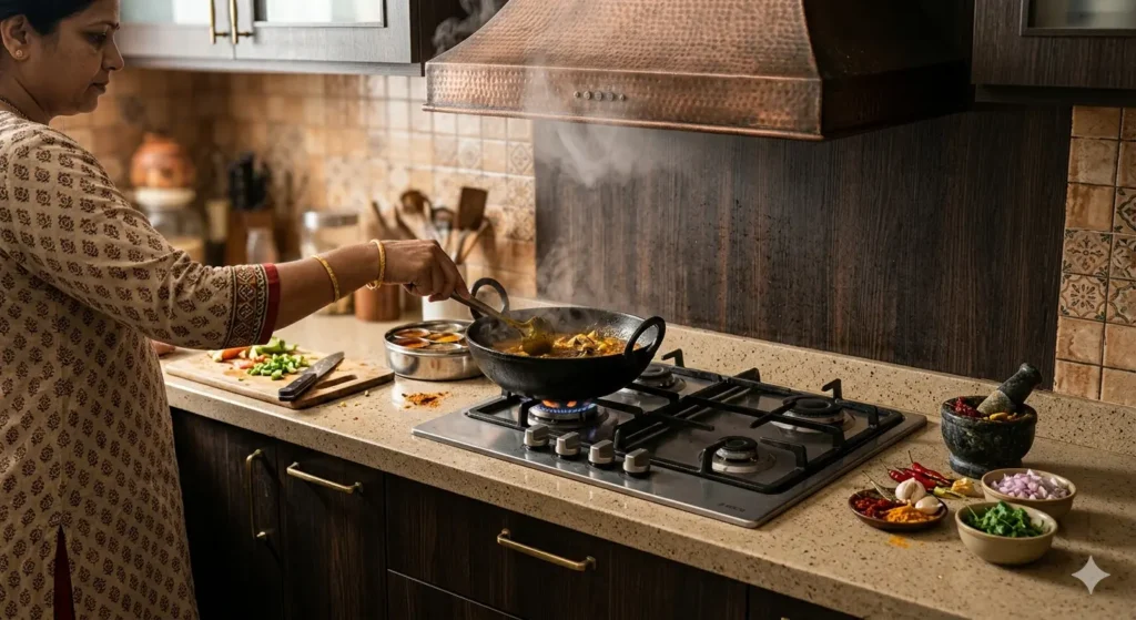 Indian style modular kitchen design with copper chimney and quartz