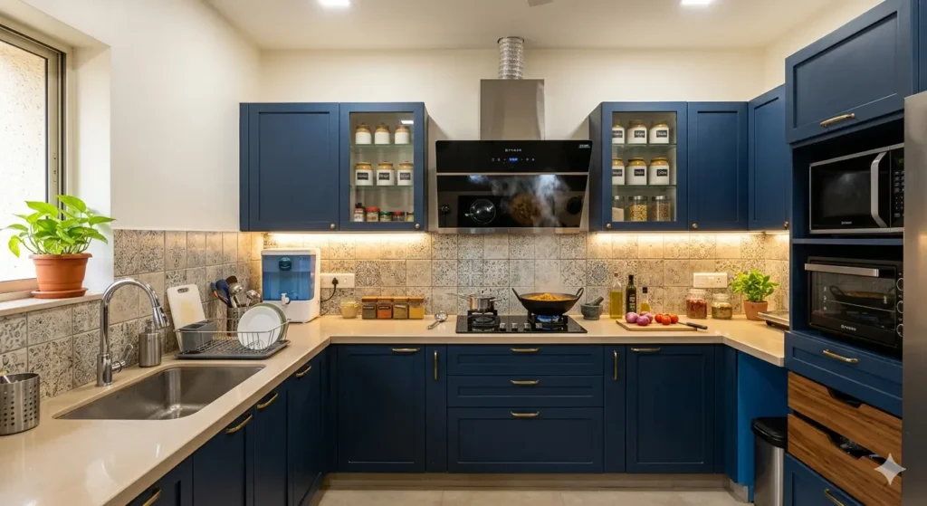 Best Interior Designer in Manish Nagar Nagpur 3 Indian style modular kitchen layout with deep 700mm counters and a 1200 CFM high suction chimney