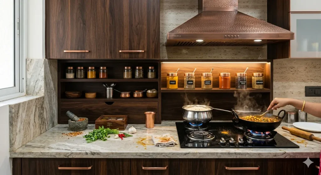 Indian style modular kitchen with copper chimney and quartz counter