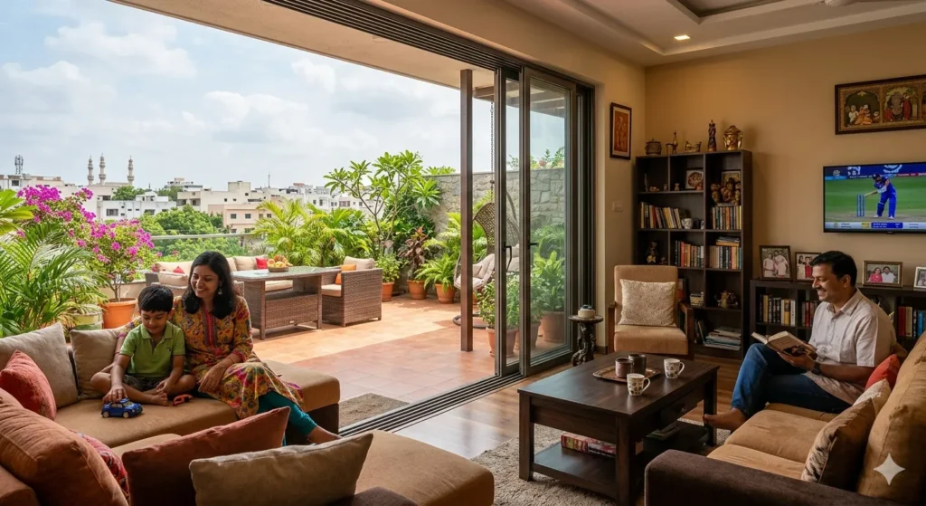 Indoor outdoor living concept in Kokapet villa design