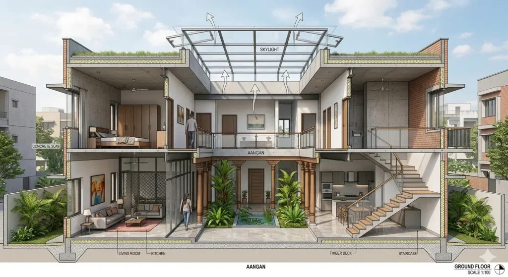 Modern Duplex House Plans in Digras 1 Integrated central courtyard Aangan design within a modern duplex