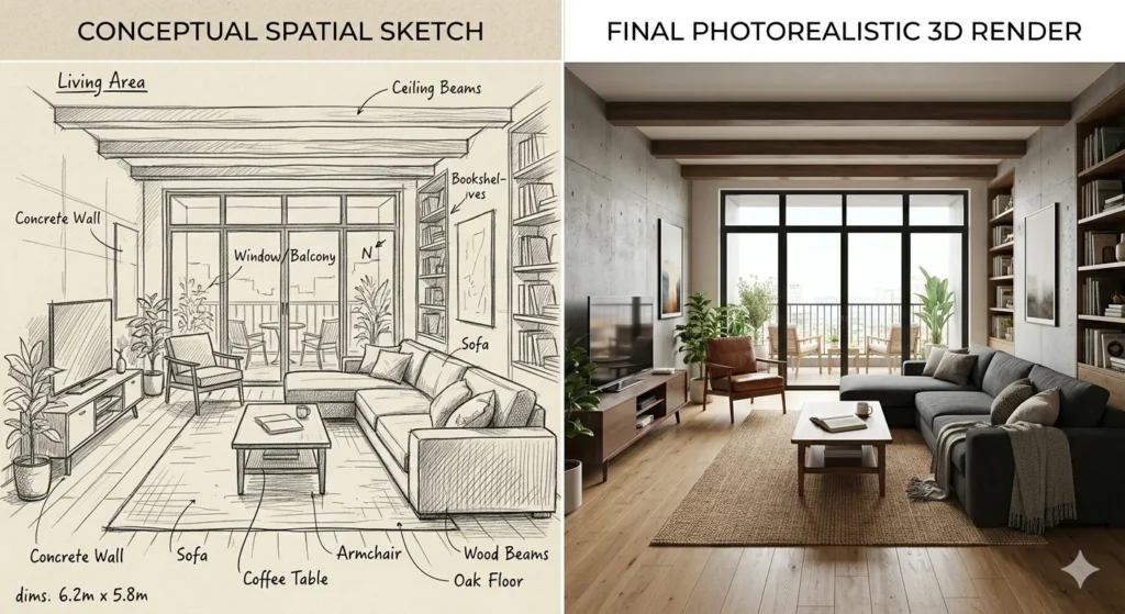 Interior design conceptualization vs. 3D visualization