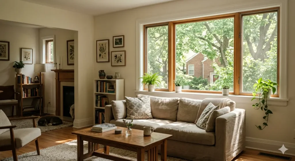 Interior living space showing filtered natural light through mature trees in the Dharampeth neighborhood