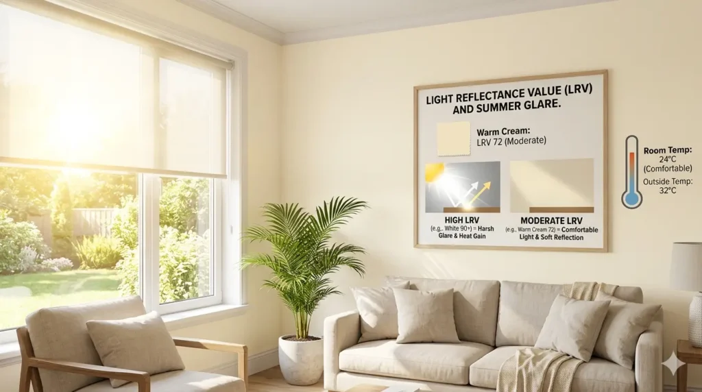 Interior wall in Warm Cream showing how light reflectance values LRV prevent glare in summer