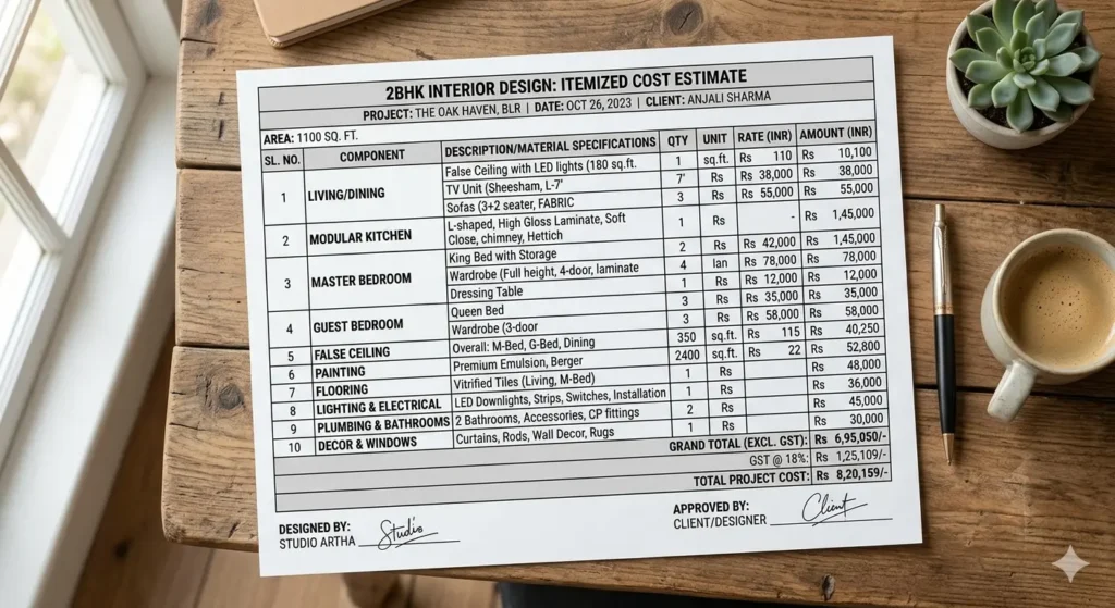 Itemized cost estimate table for 2BHK interior design components