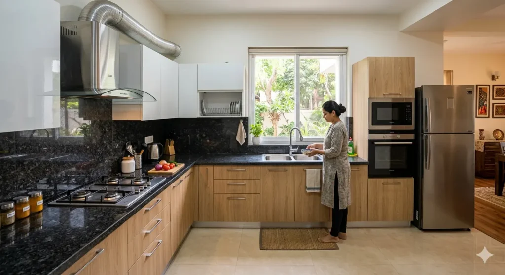 L shaped modular kitchen with high suction 1200 CFM chimney and granite countertop in a Nagpur home