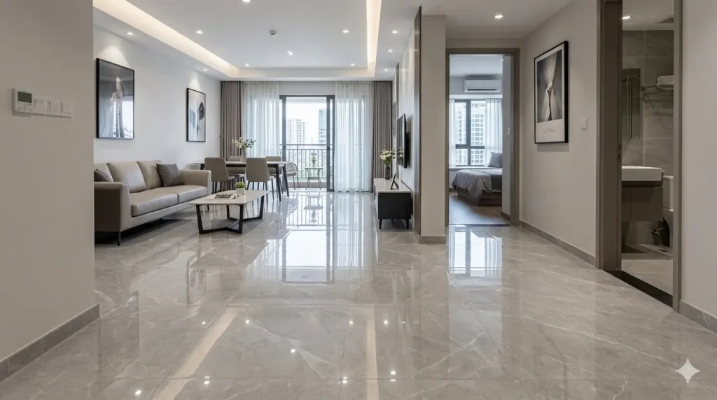 Interior Design for Besa-Manewada Nagpur 4 Large format vitrified floor tiles in a modern 3BHK flat in Besa Manewada Nagpur