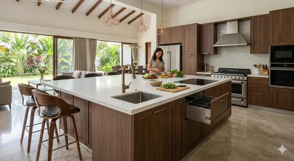 Large modular island kitchen in a Dharampeth bungalow featuring quartz counters and premium Blum hardware