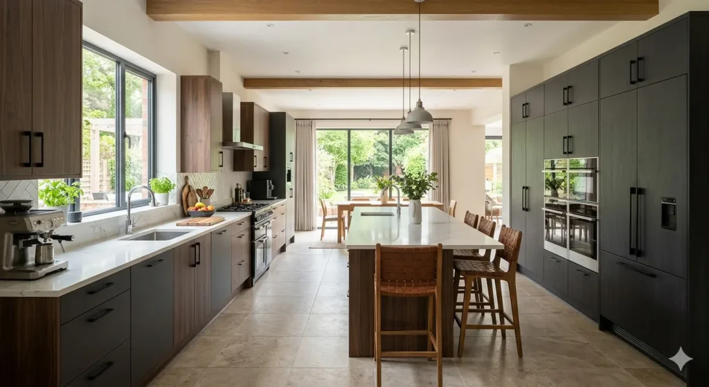 Interiors for New Flats in Narsala Nagpur 4 Large modular kitchen with a central island and tall pantry unit for an independent house in Narsala