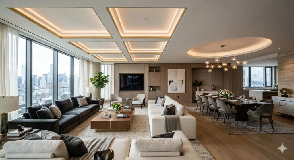 Best Interior Designer in Butibori Nagpur 1 Large scale 500 sq. ft. living and dining room layout in Nagpur featuring zoned ceiling designs and luxury sofas