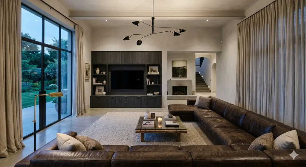 Bungalow Interiors in Civil Lines Nagpur 4 Large scale contemporary drawing room interior with a U shaped leather sofa neutral linen drapes and a minimalist TV unit finished in fluted charcoal wood