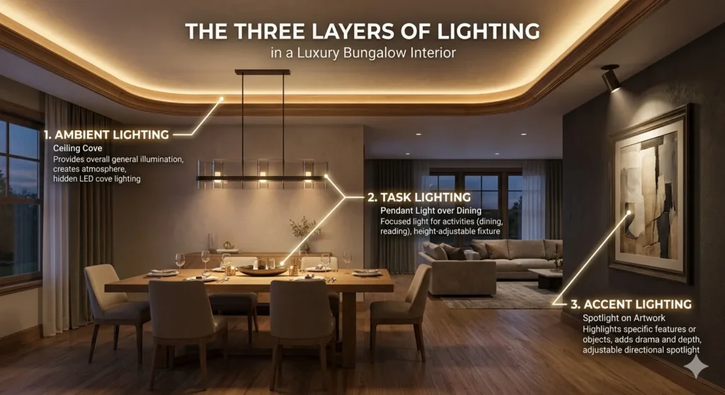 Layered lighting design for luxury bungalow interiors