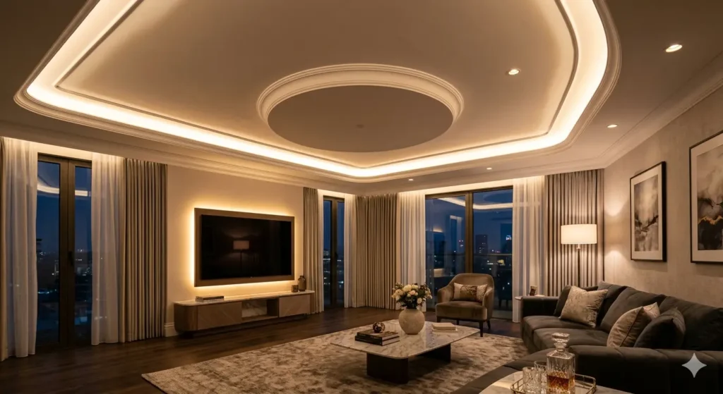 Full Home Renovation in Nagpur Under 10 Lakh 3 Living room gypsum false ceiling with warm LED cove lighting for a premium look on a budget