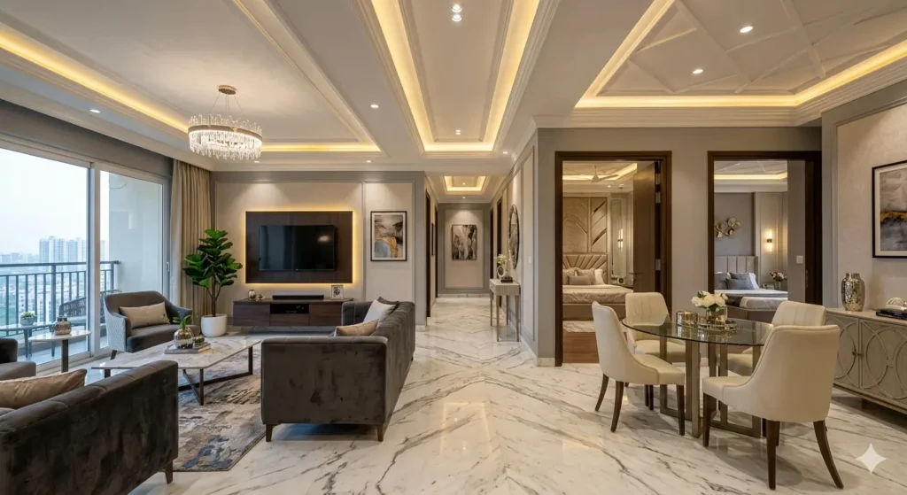 Luxury 2BHK home transformation with Italian marble flooring and designer false ceilings